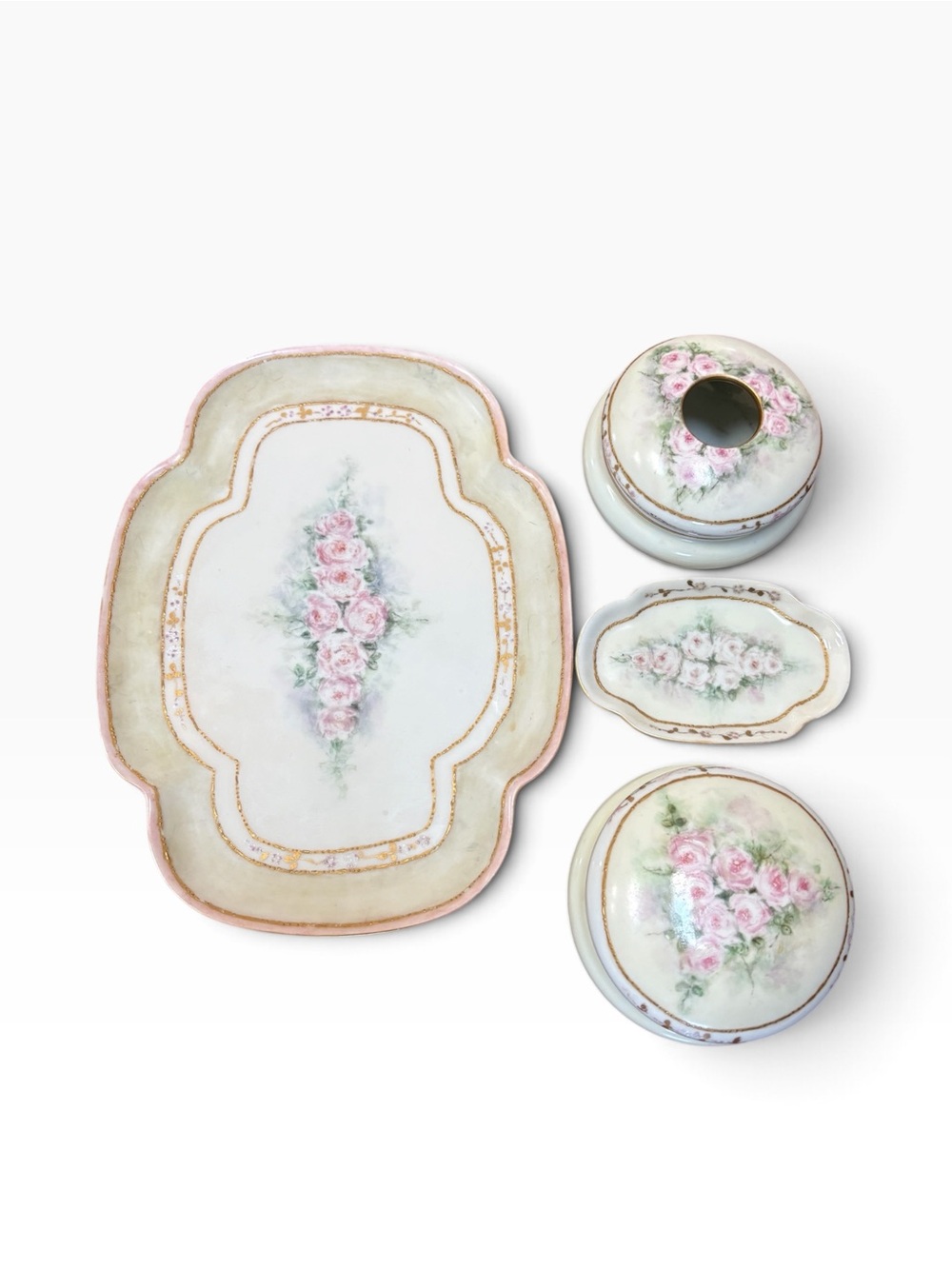 P&P France Limoges Porcelain Vanity Set -Tray, Box & Hair Receiver